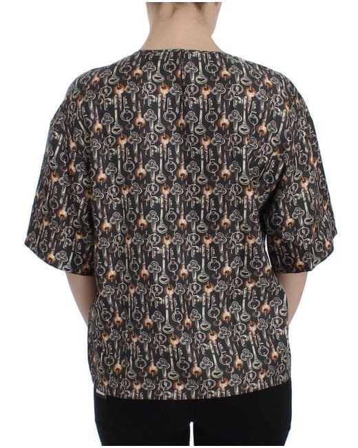 Dolce & Gabbana Gray Key Print Silk Blouse T-Shirt