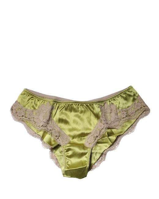 Dolce & Gabbana Natural Underwear Green Silk Satin Floral Lace Panty Brief