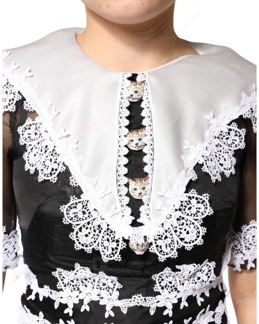 Dolce & Gabbana Black White Silk Macrame Lace Midi Dress