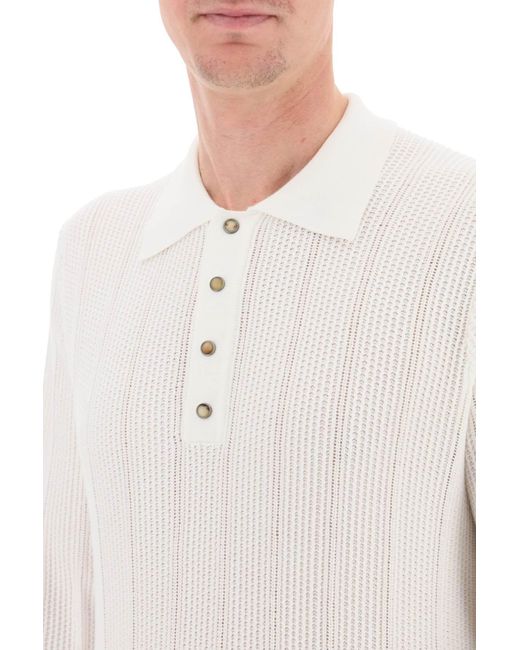 Brunello Cucinelli White Long Sleeved Knitted Polo Shirt for men