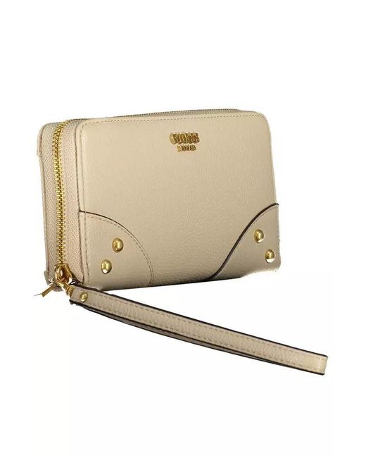 Guess Natural Beige Chic Zip Wallet With Contrasting Accents