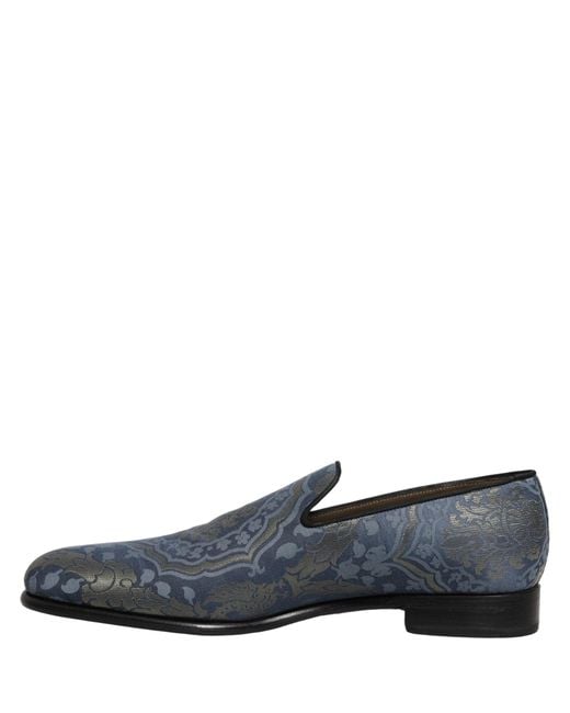 Dolce & Gabbana Gray Blue Floral Brocade Slip On Loafers Shoes for men