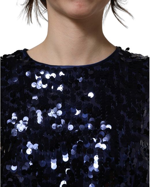 Dolce & Gabbana Blue Sequined Sleeveless Cropped Tank Top Nylon