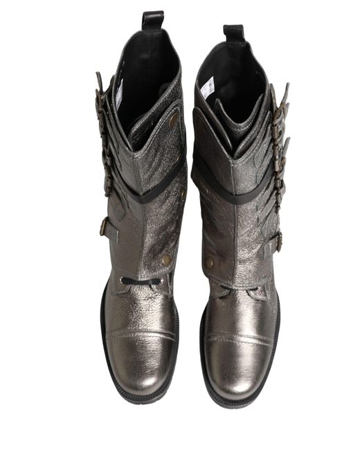 Dolce & Gabbana Black Metallic Silver Combat Biker Mid Calf Boots Shoes for men