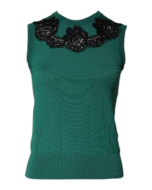 Dolce & Gabbana Green Wool Lace Detail Sleeveless Tank Top for men