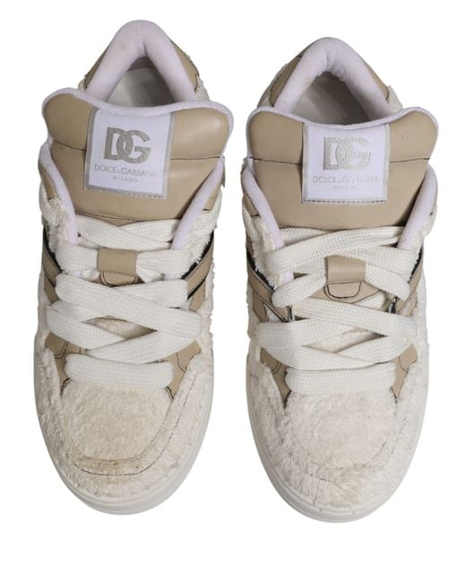 Dolce & Gabbana White Beige Faux Shearling Low Top Sneakers Shoes for men