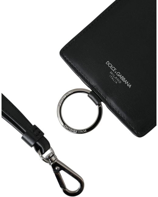 Dolce & Gabbana Black Calf Leather Lanyard Logo Card Holder Wallet for men