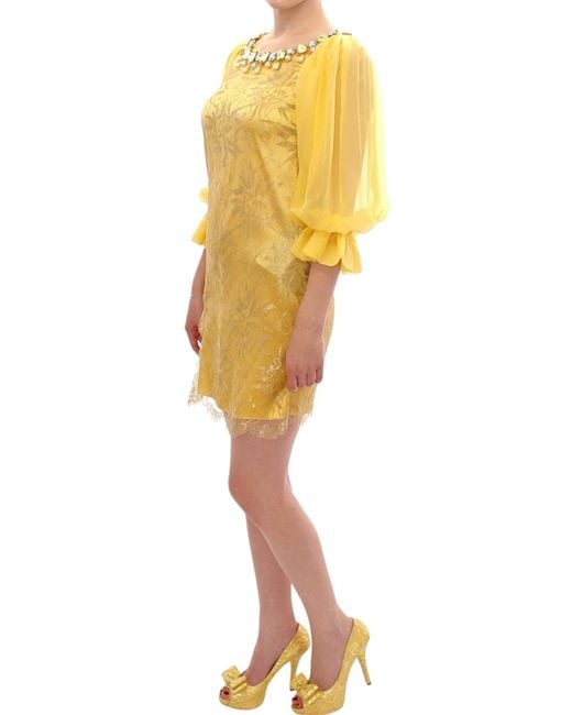 Dolce & Gabbana Dolce Gabbana Yellow Lace Crystal Mini Dress