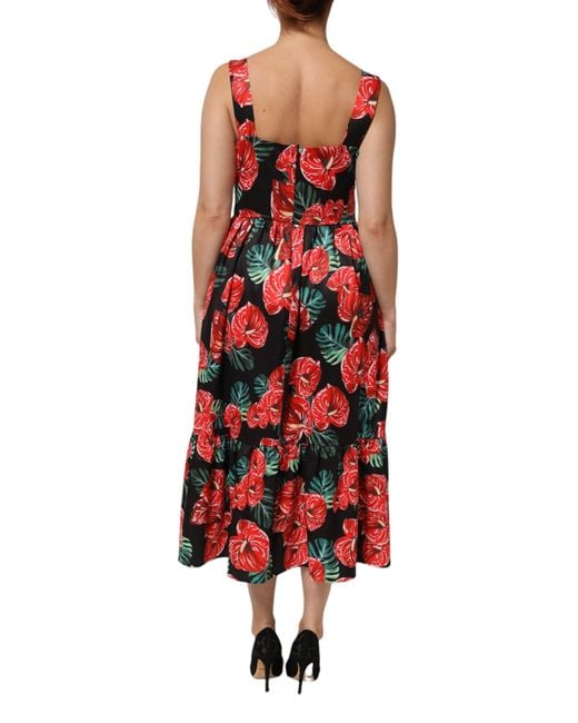 Dolce & Gabbana Red Multicolor Floral Cotton Poplin Midi Dress