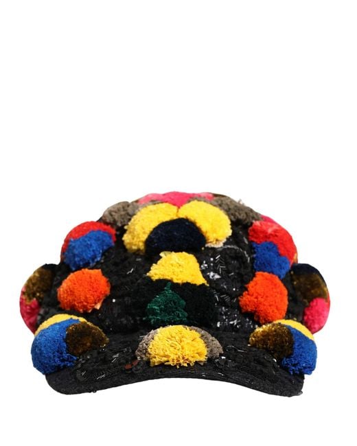 Dolce & Gabbana White Multicolor Pom Poms Sequin Embellishment Hat