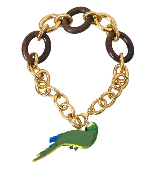 Dolce & Gabbana Metallic Brass Chain Crystal Pearl Parrot Pendant Necklace