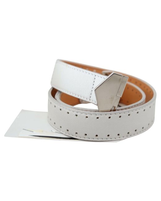Gianfranco Ferré Gray White Leather Hexagon Logo Buckle Waist Belt Atanado Veg Leather