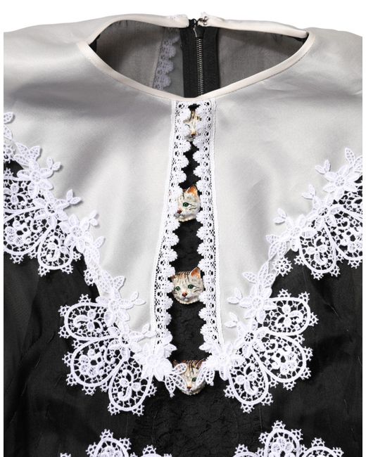 Dolce & Gabbana Black White Silk Macrame Lace Midi Dress