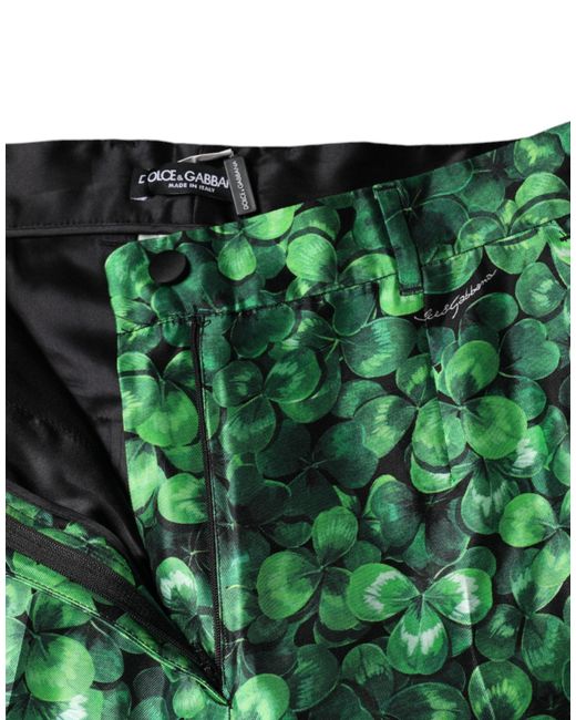 Dolce & Gabbana Green Clover Silk Satin High Waist Tapered Pants