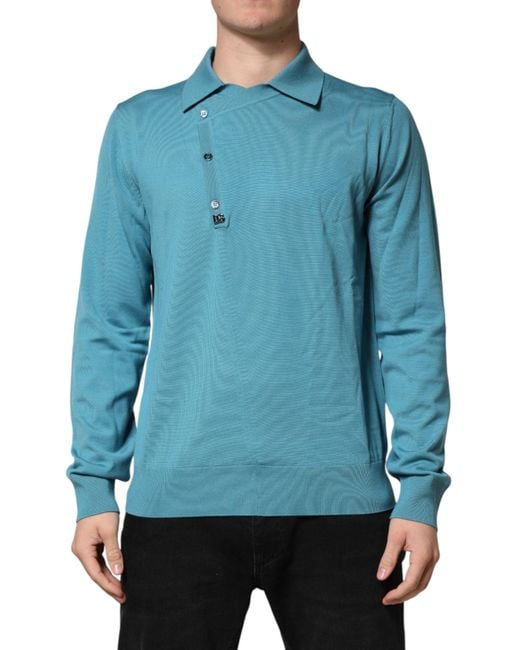 Dolce & Gabbana Blue Teal Wool Collared Polo Pullover Sweater for men