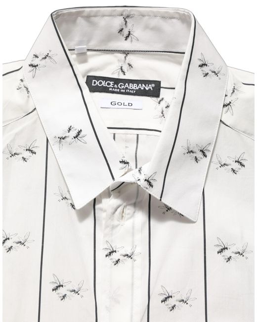 Dolce & Gabbana Gray White Bee Print Cotton Gold Fit Dress Shirt for men