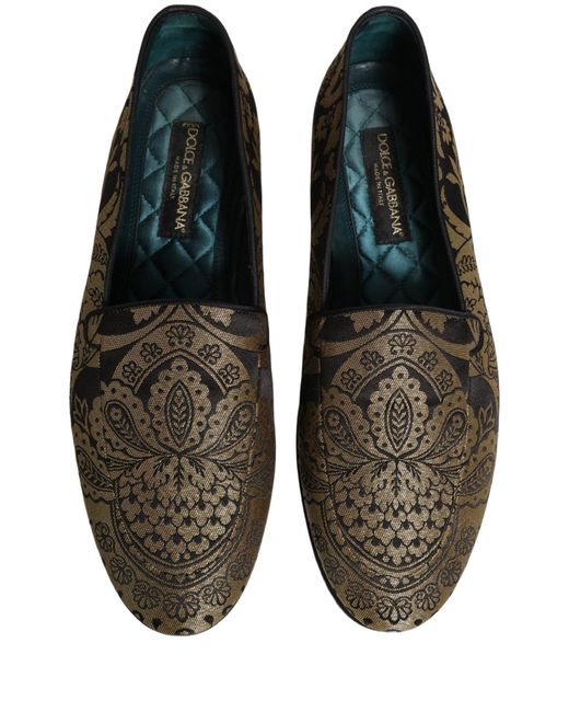 Dolce & Gabbana Gray Gold Jacquard Leather Slip On Loafers Shoes for men