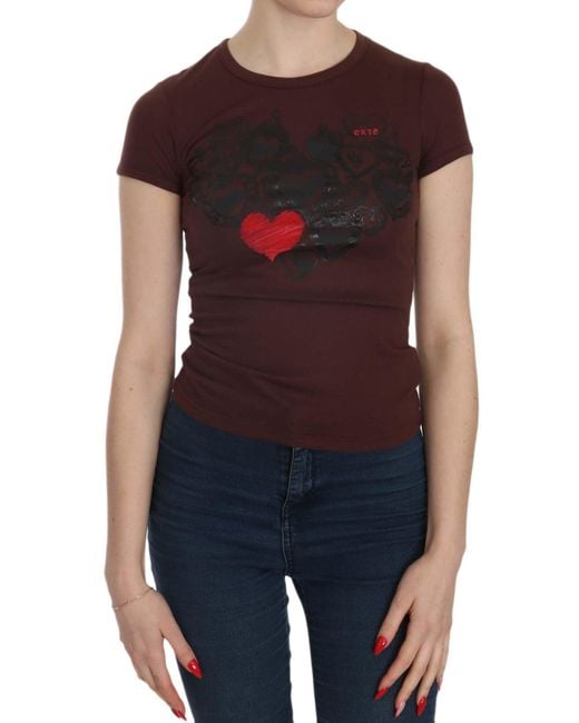 Exte Brown Hearts Short Sleeve Casual T-shirt Top