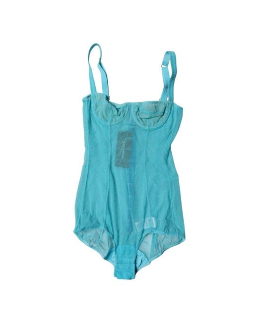Dolce & Gabbana Blue Mesh Bodysuit Scoop Neck