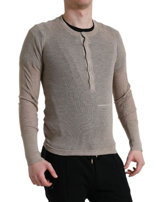 Dolce & Gabbana Gray Henley Pullover Beige Cashmere Sweater for men