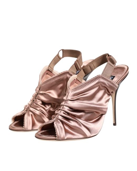 Dolce & Gabbana Brown Bronze Satin Ruched Slingback Sandals Shoes