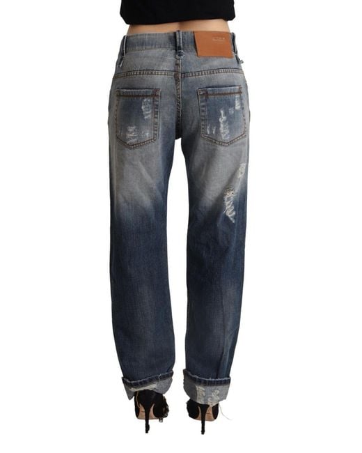 Acht Blue Tattered Mid Waist Straight Denim Cotton Jeans