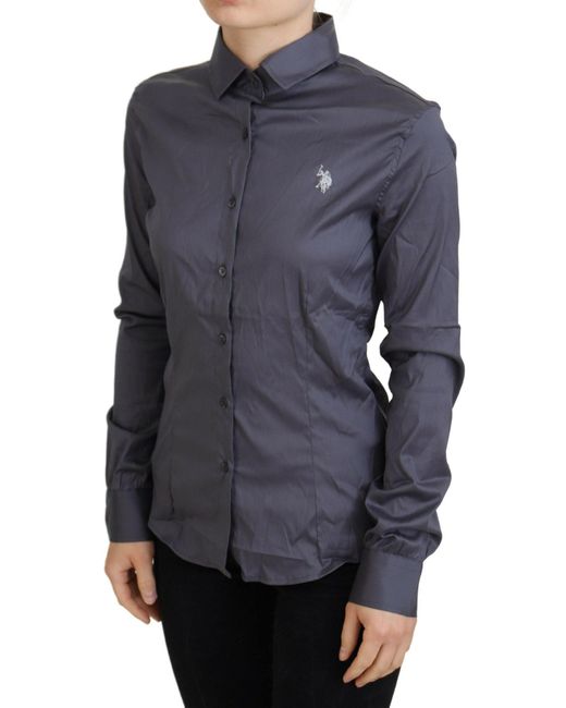 U.S. POLO ASSN. Blue Printed Long Sleeves Colla Top