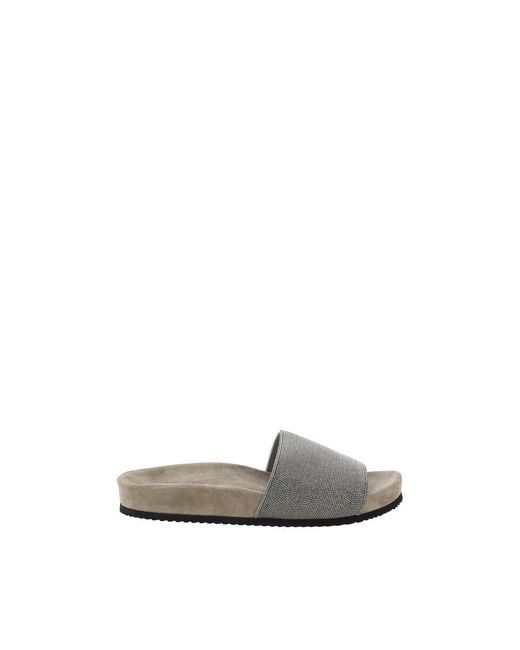 Brunello Cucinelli Gray Brown Fabric Flat Sandals