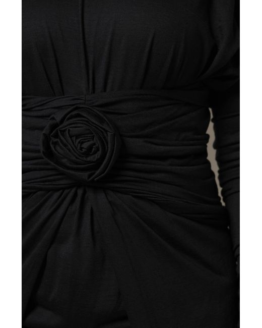 Dolce & Gabbana Black Wool Long Sleeves Sheath Midi Dress