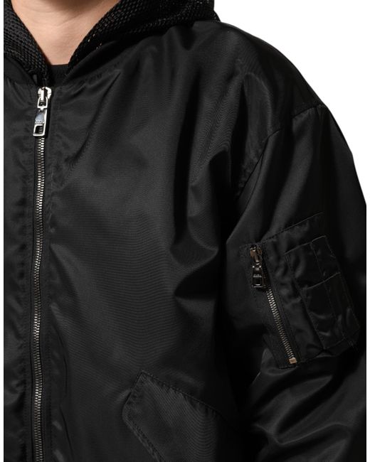 Dolce & Gabbana Black Nylon Hooded Full Zip Bomber Men Jacket for men