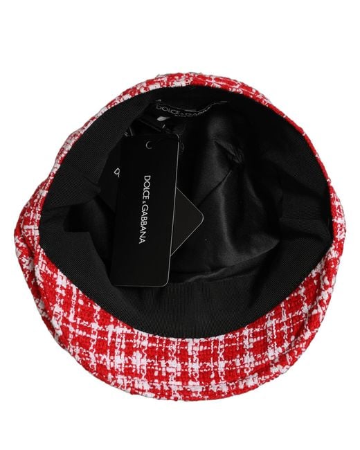 Dolce & Gabbana Red White Tweed Textured Baker Boy Capello Hat