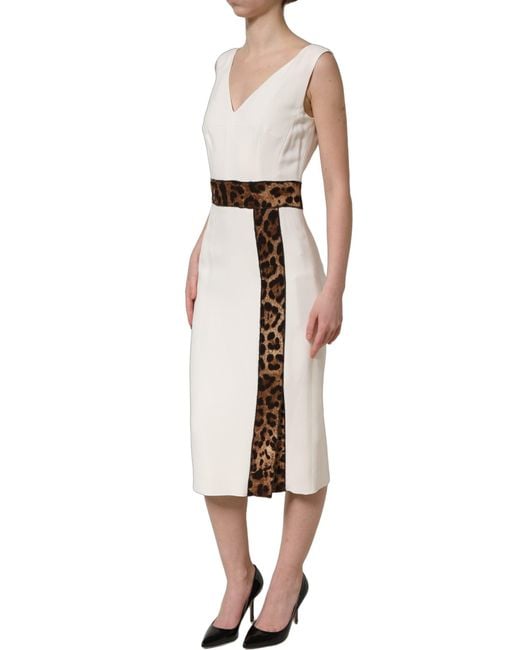 Dolce & Gabbana Natural White Leopard Sleeveless Sheath Midi Dress