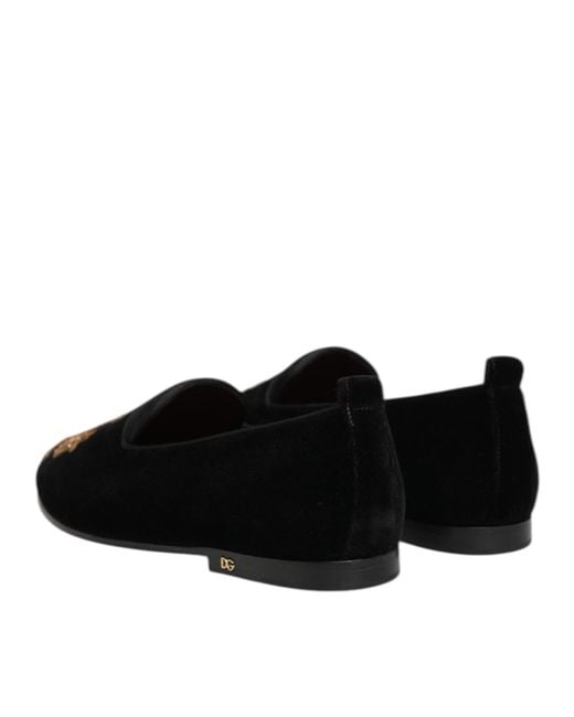 Dolce & Gabbana Black Velvet Gold Crown Mens Loafers Shoes for men