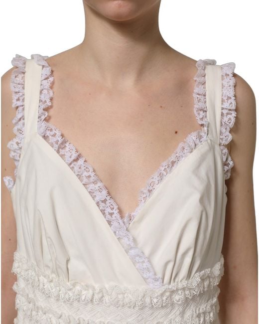 Dolce & Gabbana White Cotton Poplin Ruffled Midi Dress