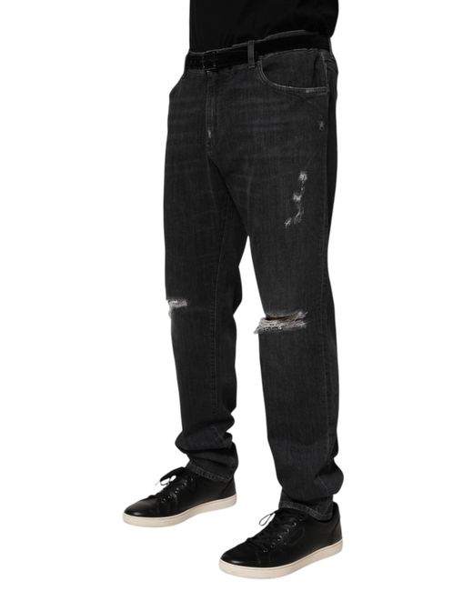 Dolce & Gabbana Black Cotton Slim Fit Distressed Ripped Logo Jeans Clothing for men