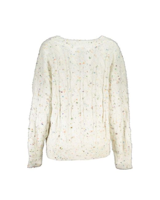 Desigual White Chic Contrast V-Neck Sweater With Logo Detail
