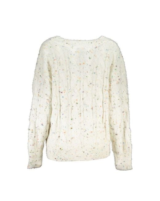 Desigual White Chic Contrast V-Neck Sweater With Logo Detail