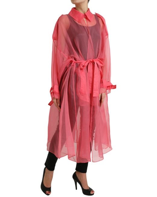 Dolce & Gabbana Red Pink Silk See Through Belted Long Coat Jacket
