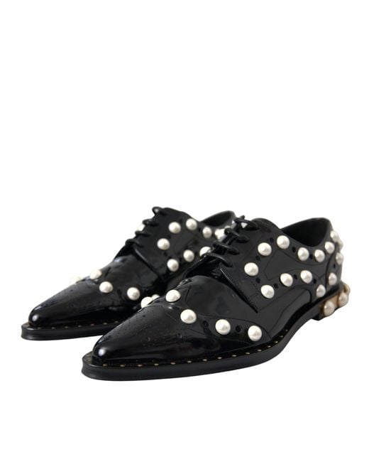Dolce & Gabbana Black Leather Faux Pearl Dress Brogue Shoes