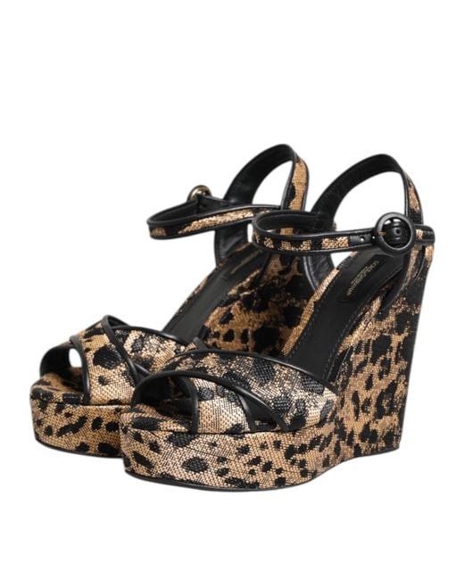 Dolce & Gabbana Black Brown Leopard Wedges Ankle Strap Sandals Shoes