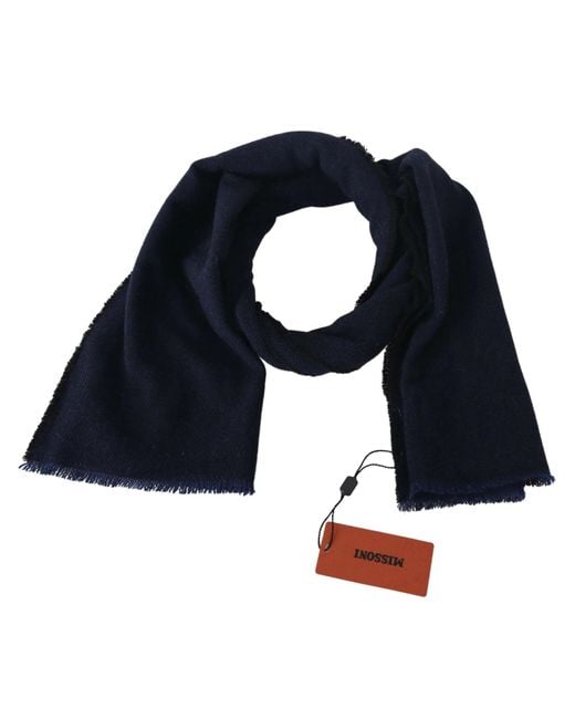 Missoni Dark Blue Wool Unisex Neck Wrap Fringes Logo Scarf