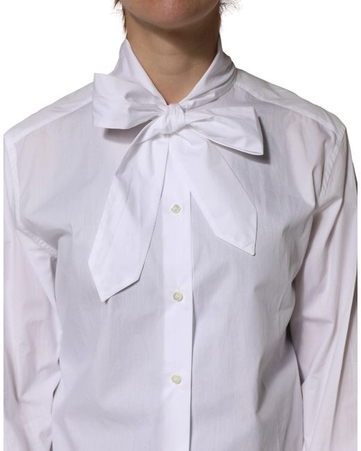 Dolce & Gabbana Blue White Cotton Bow Tie Long Sleeves Blouse Top