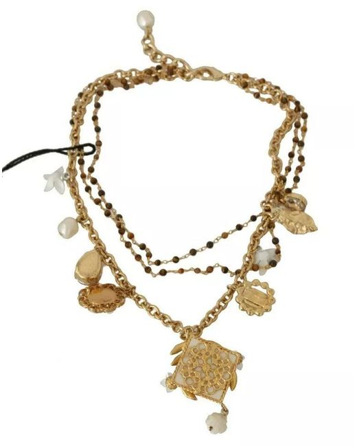 Dolce & Gabbana Black Brass Crystal Floral Statement Charms Necklace