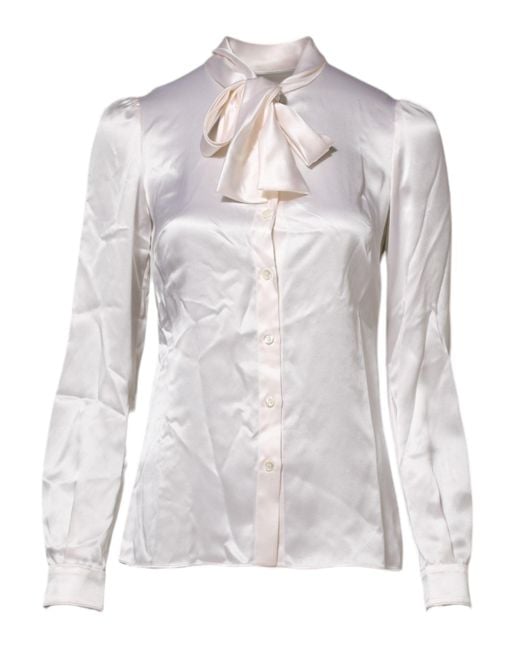 Dolce & Gabbana Gray White Ascot Collar Long Sleeve Blouse Top