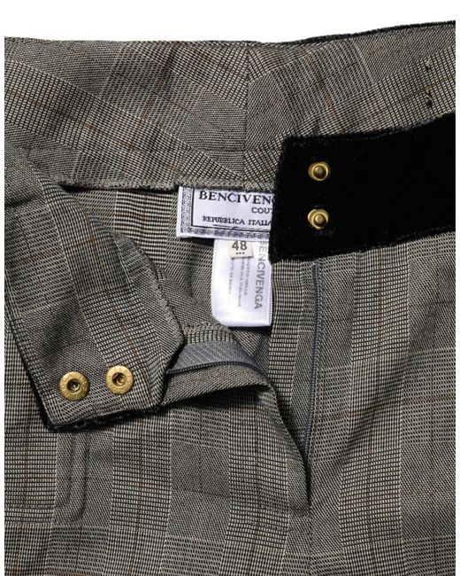 Bencivenga Gray Wool Blend Plaid Straight Leg Velvet Waist Pants