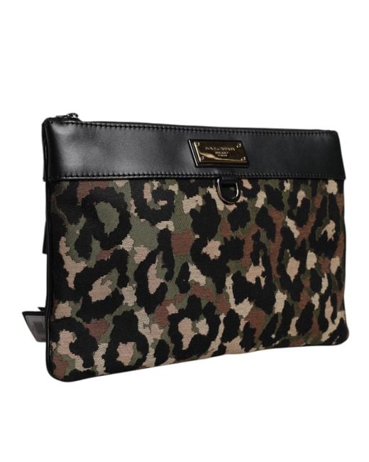 Dolce & Gabbana Black Multicolor Leopard Jacquard Print Logo Plaque Pouch Bag for men