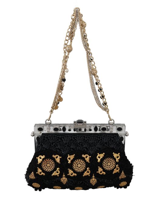 Dolce & Gabbana Black Tassel Gold Baroque Crystal Evening Clutch