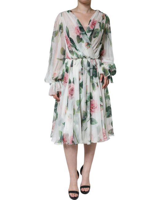 Dolce & Gabbana White Silk Floral Print A-Line Midi Dress