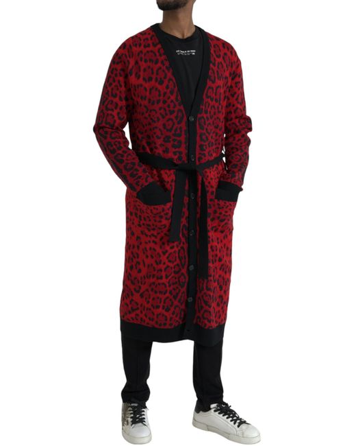 Dolce & Gabbana Red Leopard Wool Robe Belted Cardigan Sweater for men