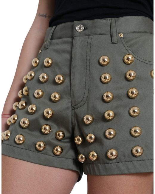 Dolce & Gabbana Green Embellished Cotton High Waist Hot Pants Shorts